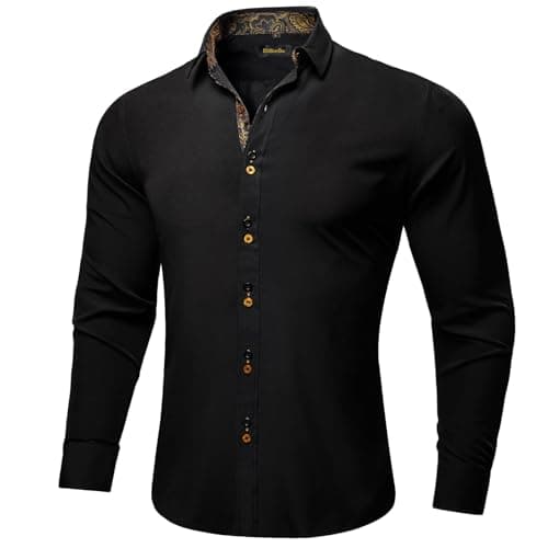 DiBanGu Men's Dress Shirt Long Sleeve Casual Button Down Shirts Regular Fit Inner Contrast Shirt for Business Party, Black and Gold, Large
