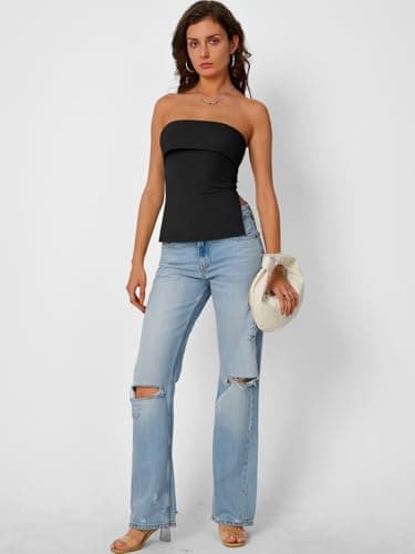 Trendy Queen Going Out Tops for Women 2026 Spring Trendy Tube Summer Top Off Shoulder Backless Strapless Bandeau Cute Work Shirts Vacation Y2k Clothes Outfits Fashion Black S