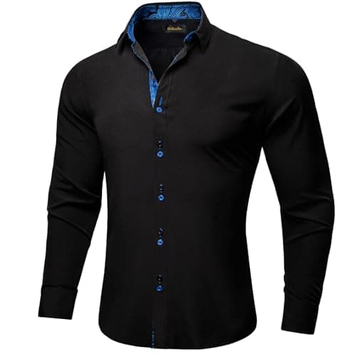 DiBanGu Men's Dress Shirt Long Sleeve Casual Button Down Shirts Regular Fit Inner Contrast Shirt for Business Party, Black and Royal Blue, Medium