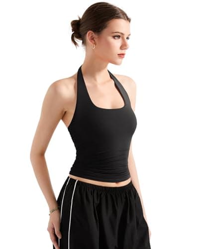 SUUKSESS Women Halter Tank Tops Double Lined Basic Backless Y2K Trendy Going Out Tops (Black,S)