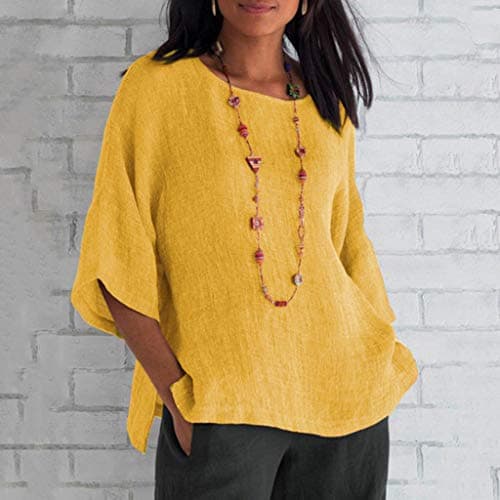 Ceboyel Cotton Linen Tops for Women 3/4 Sleeve Crewneck Tunic Blouses Dressy Causal Gauze Shirts Ladies Summer Clothing 2023 Womens Tops Summer Plus Size Yellow M