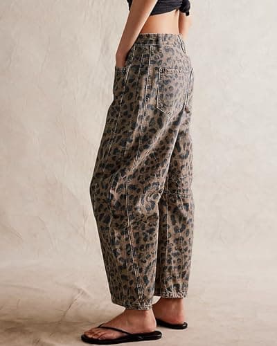 Kedera Barrel Jeans for Women Mid Rise Pull On Wide Leg Cropped Leopard Cheetah Print Y2k Baggy Denim Pants