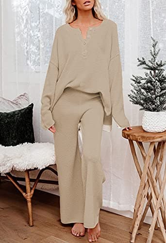 Pink Queen Women's 2 Piece Outfit Set Long Sleeve Button Knit Pullover Sweater Top and Wide Leg Pants Sweatsuit Khaki M