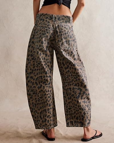 Kedera Barrel Jeans for Women Mid Rise Pull On Wide Leg Cropped Leopard Cheetah Print Y2k Baggy Denim Pants