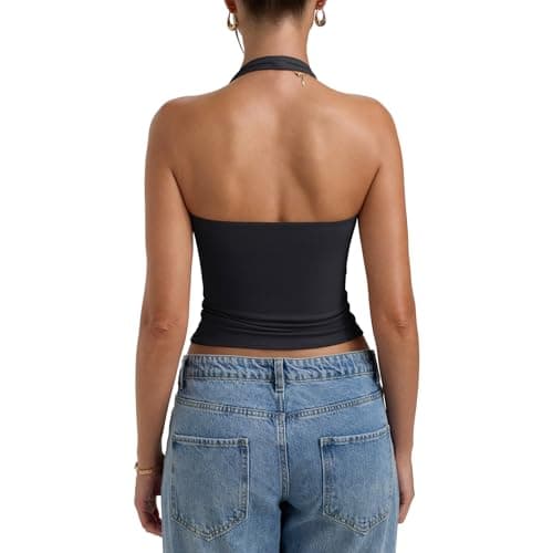 PINKMSTYLE Womens Halter Double Lined Padded Tank Tops Built in Bra Sleeveless Backless Slim Fit Sexy Y2K Tops Black Small