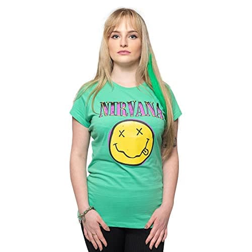 Nirvana T Shirt Smiley Pink Band Logo Official Womens Junior Fit Green Size M