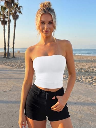 Trendy Queen Double Lined Tube Top for Women Backless Strapless Bandeau Bikini Cute Crop Tank for Teen Summer Going Out Party White M