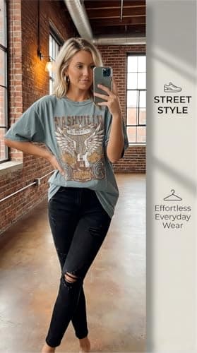 Oversized Rock Band T-Shirt Women Country Music Shirt Tops Nashville Music City Tshirt Vintage Guitar Wings Graphic Tees(Small,Green)