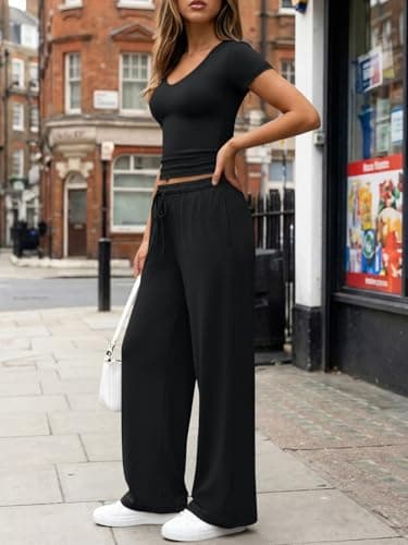 Trendy Queen 2 Piece Lounge Sets for Women Summer 2026 Two Piece Matching Loungewear Sweat Sets Spring Fashion Travel Airport Outfits Sweatsuits Casual Cute Clothes Track Suits Black M