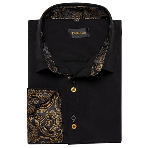 DiBanGu Men's Dress Shirt Long Sleeve Casual Button Down Shirts Regular Fit Inner Contrast Shirt for Business Party, Black and Gold, Large
