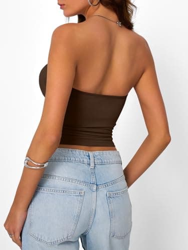 Trendy Queen Womens Strapless Tube Tops Basic Backless Sleeveless Bandeau Going Out Crop Tops Cute 2026 Summer Clothes Chocolate M