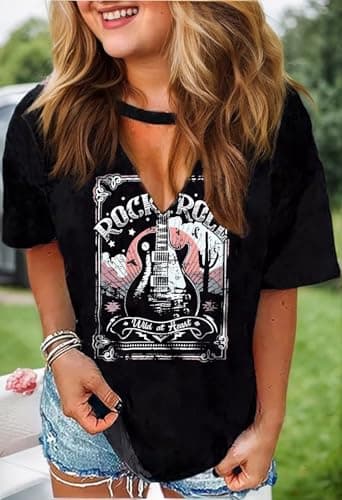 Rock Roll Criss-Cross Hollow Out T-Shirt Women Vintage Concert Rock Band Shirt Retro Country Music Short Sleeve Tops(Black-001,L)
